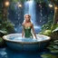 Placeholder: Jennifer Hawkins as a female Elf with pointed ears, graceful and ethereal, enters a bath on a platform nestled high in the trees of Lorien. The large bathtub is a barrel, surrounded by shimmering leaves and the soft glow of magical lanterns, reflects the moonlight like liquid silver. The Elf, her skin radiant and her hair cascading like a waterfall of silk, steps into the warm water with a sigh of contentment.
