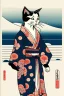 Placeholder: ukiyo-e style print of a cat with a human body wearing a soft yukata and walking by the sea