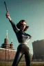 Placeholder: retro portrait image from 1960, Moscow background, wind, long red hair, fighting stance, sweet young Scarlett Johansson, black dress, classic tight lycra black suit, weapon, gold bracelet and belt, high heel boots, soft color, highly detailed, unreal engine 5, ray tracing, RTX, lumen lighting, ultra detail, volumetric lighting, 3d, finely drawn, high definition, high resolution.