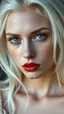Placeholder: A beautiful women wax skin a little melting her eyes are all white her hair is from white small fathers and her lips is dark red