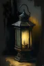 Placeholder: a small old lantern in the corner of paint, rest of the paint is black, oil colors, high detail, 16:9