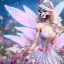 Placeholder: cute fantasy fairy with transparent wings, smiling, blue eyes, make up, long platinum blond hair with crown and flowers, pink dress, unreal engine