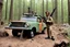 Placeholder: [1960’s stop-motion animation style in woods] a 70s rifle gun advertisement video TV featuring a crazy artist with black goggles brown curly hair and a grayish beard in combat fatigue holding a hunting rifle in front of his international scout automobile as a claymation character toy from a claymation horror movie in burning rainbow land, from hell, creepy Videos, eyeballs and trees everywhere , as old advertisement shot on video VHS