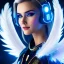 Placeholder: A beautiful portrait of a cute smiling cyberpunk woman with wings, long blond haire, high key lighting, volumetric light high details with white stripes and feathers and blue celtic paterns and luminous glasses in a starry background