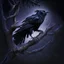 Placeholder: A gruff looking black raven, on a gnarled twisting branch on a tree floating in space