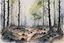 Placeholder: watercolor painting of a bright primeval forest with a burned and blacked patch in the middle with small black mushrooms growing in the ashes.