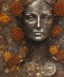 Placeholder:  an abstract painting of rusted metal and flowers, scaffolding, iron cladding, decay, mixed media, textured, anatomically correct, beautiful perfect face, sharp focus, highly detailed, injured face