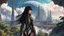 Placeholder: exotic slim sci-fi girl, with long dark hair with bangs, on an alien planet with tall cloud trees, tall spires, buildings, bridges, arches, photorealistic