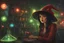 Placeholder: by Lois_van_Baarle_and_Miranda_Meeks :: portrait_of_a_cute_aetherpunk_witch_with_floppy_hat_played_by_Lucy_Hale_inside_magical_science_lab, green_glowing_aura :: low_light :: red yellow bioluminescent_props