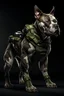 Placeholder: dog full body, action pose, muscular hulk anatomy with sci fi, gear of war armor, holding a gun, helmet