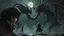 Placeholder: gentle, protective monsters fight with evil people, left side alone child gaze, random background random, deep dark color, , moon, mist, rain, highly detailed, weird , surreal dark fantasy mood style like T. Burton
