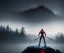 Placeholder: fog as Ninja portrait, black suit, in the night Alps, angels background, volumetric red light, high detail, dark leaf tree, dark mountains in background, perfect, HR Giger style, holding a sword, fighting, cinematic, painting