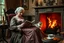 Placeholder: create an elegant old English parlor scene, noble elderly woman in richly detailed 1800s gown, seated by a roaring fireplace in a rocking chair, reading as a fluffy Persian cat with glowing green eyes rests on her lap, candlelight flickering, antique wallpaper, teacup and porcelain tray nearby --ar 3:2 --v 7 --style raw