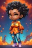 Placeholder: vibrant psychedelic comic book image, airbrush, 8k, cartoon art of a chibi curvy black female wearing torn jeans pants and a orange tie dye off the shoulder blouse. Prominent make up with lush lashes. Highly detailed sleek wavy ponytail