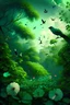 Placeholder: Green forest with the flowers birds and clouds