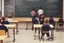 Placeholder: class of children's students, view from the back of the class, looking at the blackboard, students sitting at their desk and a student writing on the blackboard, real photography, reality, photojournalism