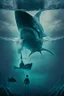 Placeholder: half-submerged camera portrait of a dark shark underwater swimming up to a boy floating and waving at an old tall ship in the distance. vivid, sharp, clear, cinematic, grim, dark, haunting