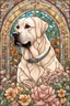 Placeholder: stained glass window design of an overwhelmingly Labrador framed with vector flowers, long shiny, wavy flowing hair, polished, ultra-detailed vector floral illustration mixed with hyper realism, muted pastel colours, vector floral details in the background, muted colours, hyper-detailed ultra intricate overwhelming realism in a detailed complex scene with magical fantasy atmosphere, no signature, no watermark
