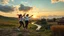 Placeholder: a group of young ladies in sports pants and blouse are dancing to camera in village over high grassy hills,a small fall and river and wild flowers at river sides, trees houses ,next to Ripe wheat ready for harvest farm,cloudy sun set sky