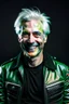 Placeholder: plauge doctor in balck leather coat and suit with silver hair, pale skin and bright green eyes smiling with sharp teeth, nice young face, male, viscious smile