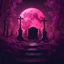 Placeholder: A realistic moon in a glowing dark pink forest, lightnings, a gravestone, chains