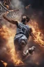 Placeholder: 8k, highly realistic and detailed image of a NBA basketball player in action dunking the ball in the net, sweaty hair, screaming look,action and smoke and flames background