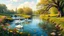 Placeholder: a beautiful river in country side with water falls and big tree,wild flowers and, swans pertty coloful fishes in river ,a pretty Deer with horns in inside plants,butterflies around flowers,heaven escape,some ladys are standing at river side