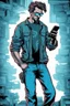 Placeholder: man, cyberpunk, holding a cellphone, comic book art style, geek, engineer, t-shirt, jeans, drug addict,