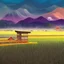 Placeholder: incredible, stunning japanese rice fields with wood shanties, mountains in the distance, colorful morning sky and mist, ultrafine-detail, intricate, detailed matte, digital painting, artwork, Kupka, Toyen