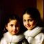 Placeholder: portrait of sisters Eira Santiago Arnau(ten year old, dark blonde) and Dalia Santiago Arnau (six year old, brunette) by Velazquez,smiling, oil on canvas, cinematic composition, extreme detail,8k,fit full head inside picture,