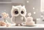 Placeholder: cute chibi plushy fluffy knitted and embroidered natural colored owl with cake in a kitchen, feathers, iridescent flowers incorporated, light emitting, bioluminescent holographic room, silver foil, sparkling diamonds, holographic raw pearls, ethereal, cinematic postprocessing