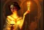 Placeholder: Art Nouveau A bold young womand holding a candle embraced by a ghost