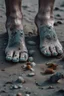 Placeholder: A toes looks dirty on the grey Sands and dirt, a broken glass