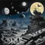 Placeholder: [art by Otto Dix] space pirates land on a rebel moon to hide their contraband cargo picture is in a retro futurist style