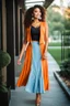 Placeholder: fullbody shot of young-beautiful-ozbek-with-a-perfect-face-with-make-up-wearing-orange top and midi pleated light blue skirt standing , prophesional photography studio