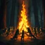 Placeholder: a large bonfire with its flames rising high in a clearing, around the bonfire anthropomorphic wolf humanoids of different ages, sizes and colors are crying, dancing, singing or just watching the flames. around them in the background dark trees with huge trunks, rainy day, high contrast, high detail, atmospheric, dark fantasy, sci-fi atmosphere, cinematic