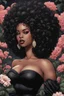 Placeholder: Create an comic drawing image of a curvy size black female wearing a black off the shoulder blouse and she is looking down with Prominent makeup. Highly detailed tightly curly black afro. Background of large black flowers surrounding her