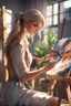 Placeholder: 8k quality realistic image of a beautiful anime girl, she is painting on a canvas, artist, up close, 3d