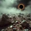 Placeholder: A striking quality close-up photograph captures a wasteland with odd stones, liquids, spooky, creepy, details of the dust very accentuated, glossy, organic, adorned with minerals and rocks, fog, eerie, Max Ernst style, black sun, fog