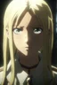 Placeholder: Attack on Titan screencap of a female The main character is a girl with light straight hair and different eyes Turning