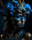 Placeholder: Beautiful vantawhite young faced girl adorned with glittering black colour bioluminescense blue gradient full bloomed rose blosooms voidcore shamanism headdress wearing metallic voidcore filigree black glittering botanical embossed costume armour bioluminescence blue gold and black wearing baroque style half face masque organic bio spinal ribbed detail of voudore decadent vantablack rainy gothica background extremely detailed hyperrealistic maximálist concept portrait art