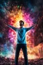 Placeholder: Young man standing, with arms raised, in front of an exploding building at night, with coloured auras around him