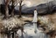 Placeholder: night, white flowers, one woman, puddle, mountains, gothic horror movies influence, dry trees, john singer sargent watercolor paintings