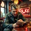 Placeholder: A very angry and bitter punk rocker sitting on a pub looking very angry, writing in his notebook new songs for his punk rocker band, a sign with "FOLKE" IN BACKGROUND