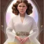 Placeholder: hyperspace background, complete and photo realistic detailed head to waist stunning photo realistic portrait of carrie fisher as Princess Leia in star wars with photo realistic wedding hairstyle by Mandy Jurgens and mucha and Richard Schmid and chuck close and chie yoshii, extraordinary and detailed ceremony dress of star wars,brown eyes