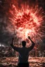 Placeholder: Young man standing, with arms raised, in front of an exploding building at night, with red lightening around him