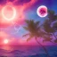 Placeholder: 1980's vaporwave aesthetic palm trees with lightning with lunar eclipse moon crescent in the ocean waves sunset