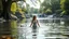 Placeholder: very beautifu lady is standing in water to swim in a beautiful river in country side with water falls and big tree,wild flowers and, swans pertty coloful fishes in river ,a pretty Deer with horns in inside plants,butterflies around flowers,heaven escape,