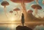 Placeholder: woman standing on the shores of an alien world, with mushrooms with jellyfish tentacles, floating in the air, photorealistic, Detailed Matte Painting, Deep Colour, Fantastical, Intricate Detail, sunshine