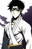 Placeholder: A manga-style portrait of a 35-years old male Shinigami, in the style of "Bleach", tall and muscular, with wild silver-gray hair, steel-colored eyes, and a scar across his left brow and cheek. He wears a tattered captain's haori of the 11th Division, open kimono revealing a dragon claw tattoo on his chest, and metallic claws on his forearms. He smirks defiantly, standing in a dynamic pose with silver reiatsu swirling around him.